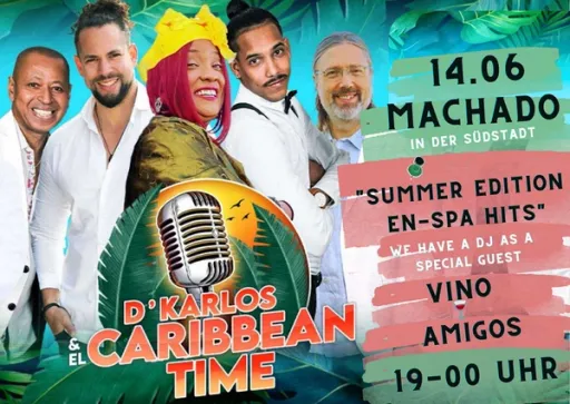 Title image for an event called '$Vino y Amigos mit Caibbeantime Salsa, Bachata, Cumbia y Latin'