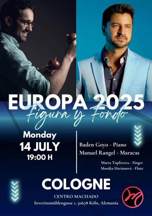 Title image for an event called '$Figura y Fondo - Europa Tour - mit den berühmten Musikern Baden Goyo, Manuel Rangel  und die  musikalische Begleitung von Marta Topferova (Singerin) und Monika Herianová (Flute)'