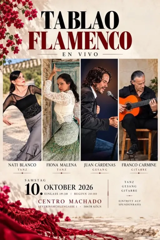 Title image for an event called '$Tablao Flamenco en vivo - Mit Tanz *Fiona Malena* Gesang  *Juan Cárdenas* und Nati Blanco & Franco Carmine '