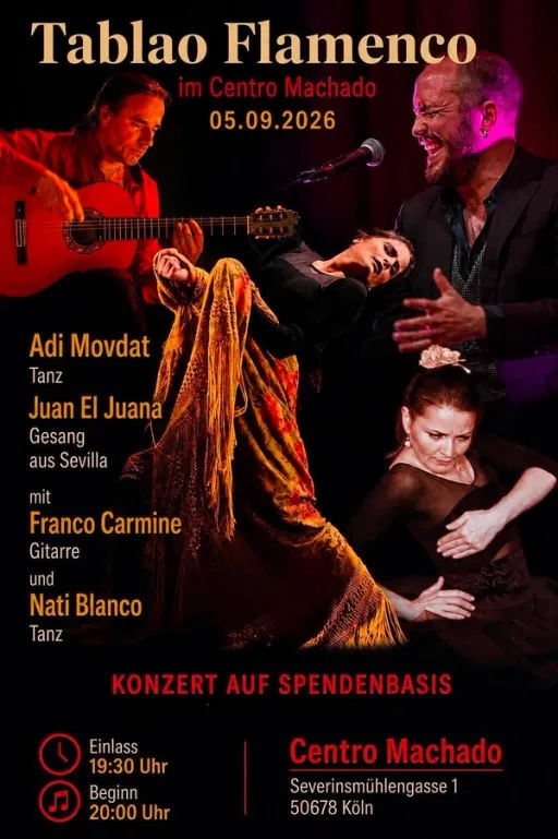 Title image for an event called '$Tablao Flamenco – Tanz und Gesang Mit Juan El Juana, Adi Movdat, Nati Blanco und Franco Carmine'