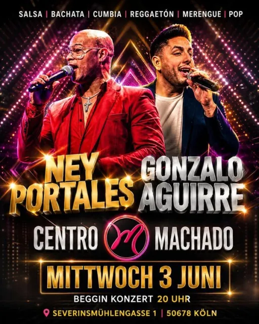 Title image for an event called '$Salsa, Bachata, Cumbia, Reggaetón, Merengue, Pop mit Ney Portales und Gonzalo Aguirre'