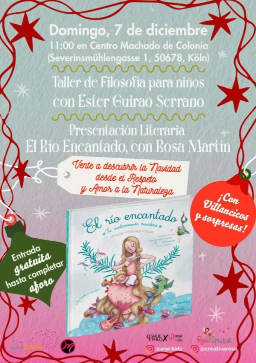 Title image for an event called '$Presentacion de la obra el " Río Encantado" de Rosa Martín. Se trata de un cantacuento  infantil con nuestros villancicos de siempre. Además Taller de filosofía para niños de Ester Guirao Serrano'