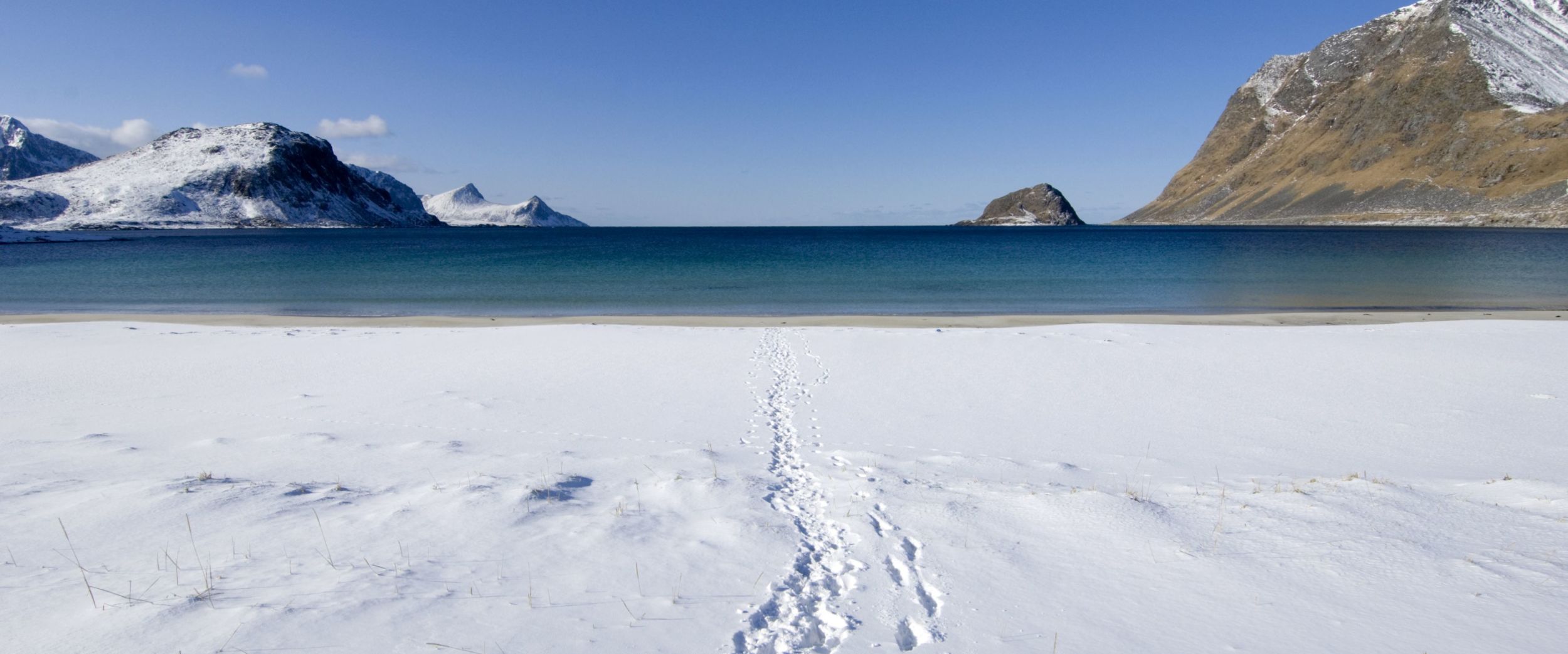 Schneebedeckter Strand mit türkisfarbenem Wasser auf den Lofoten in Norwegen.