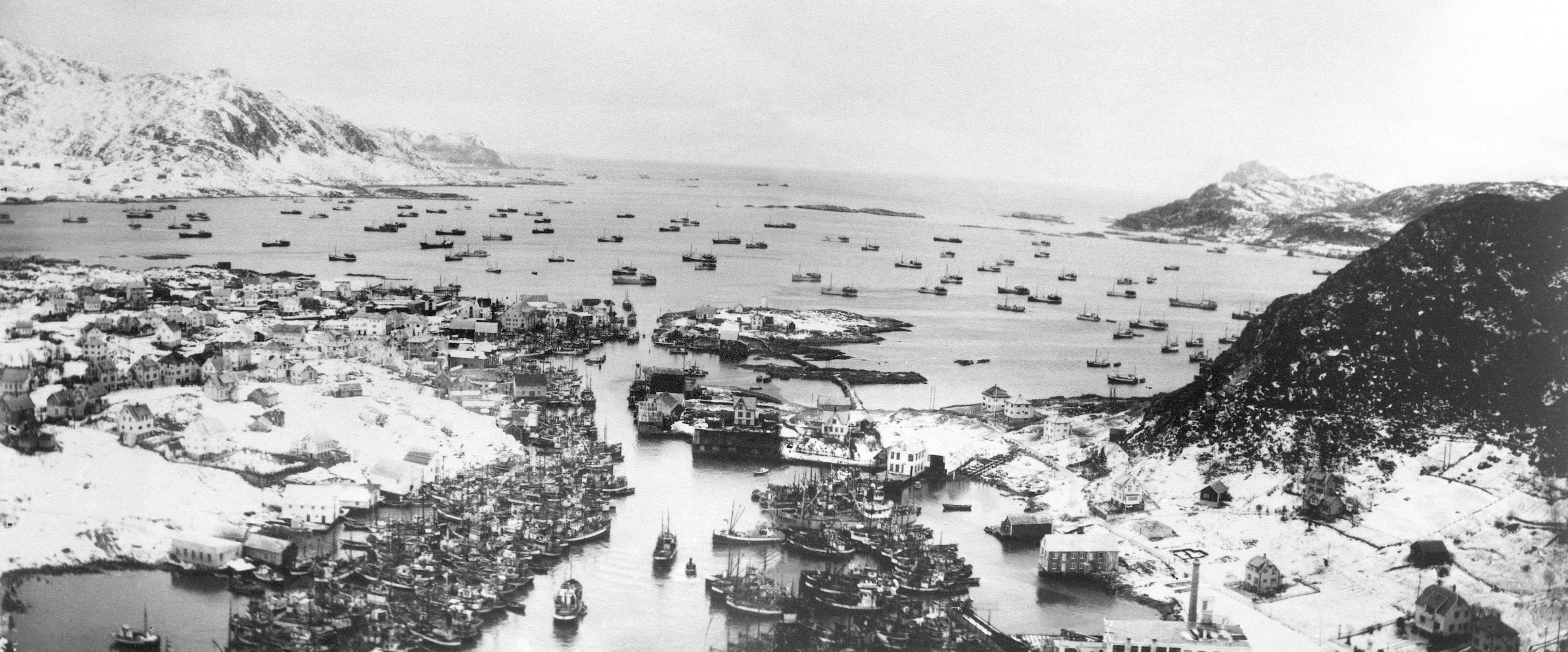 Historic Norwegian fishing harbor filled with fishing boats during winter.