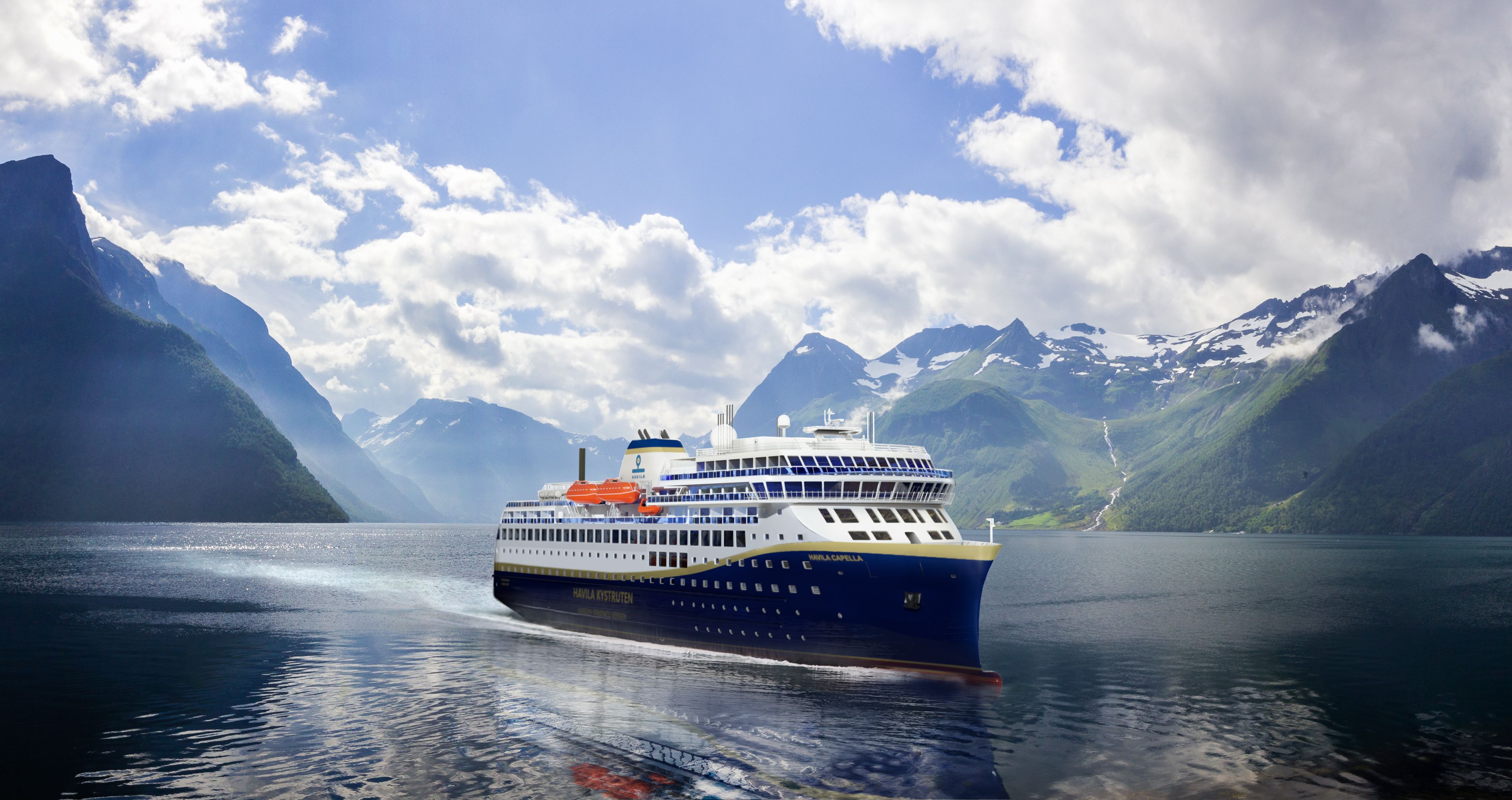Forsiden av Havila Kystruten-brosjyren med et cruiseskip som seiler langs Norges kyst og overskriften «Enter the Northern Calm».