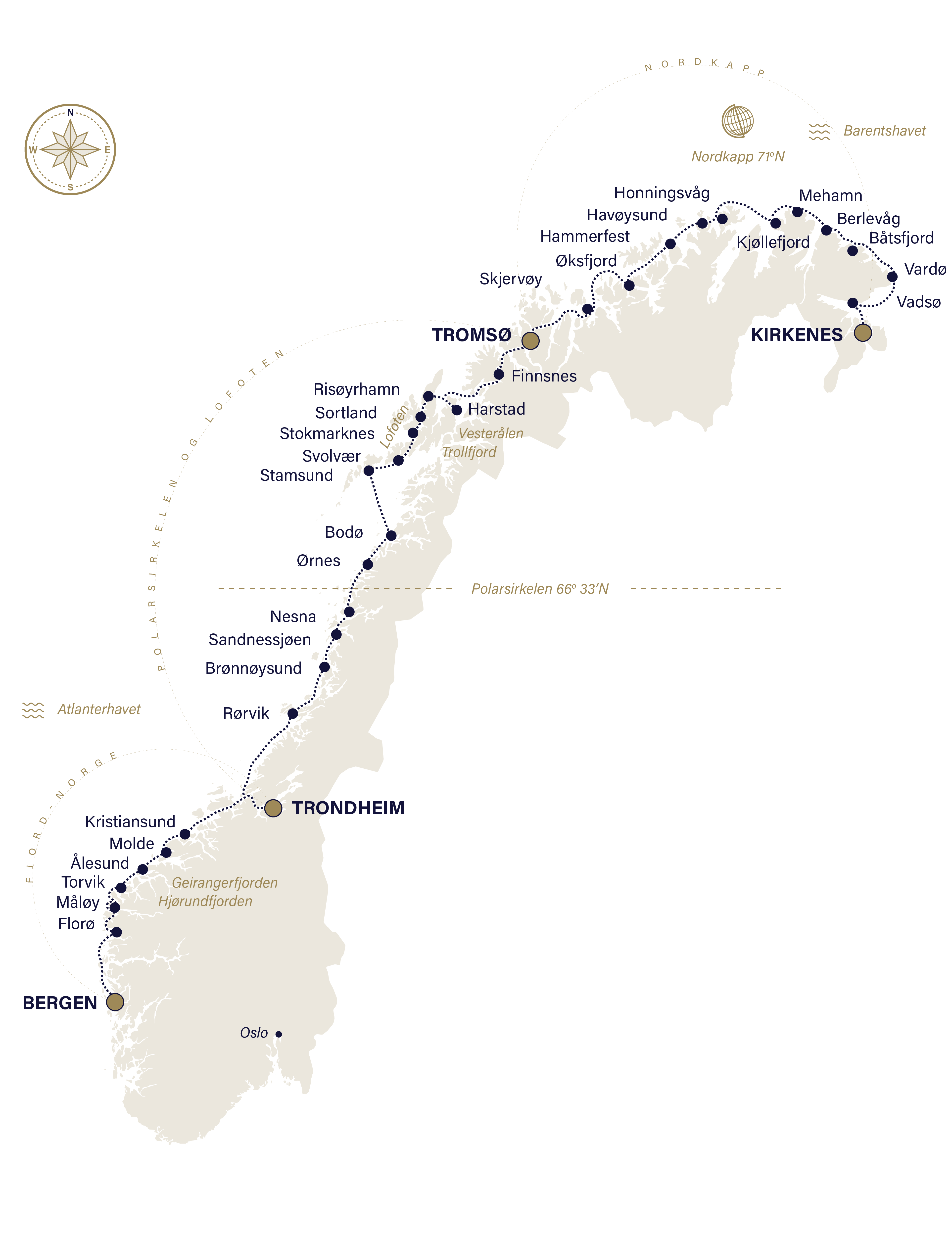 Karte von Norwegen mit allen 34 Häfen von Havila Voyages.