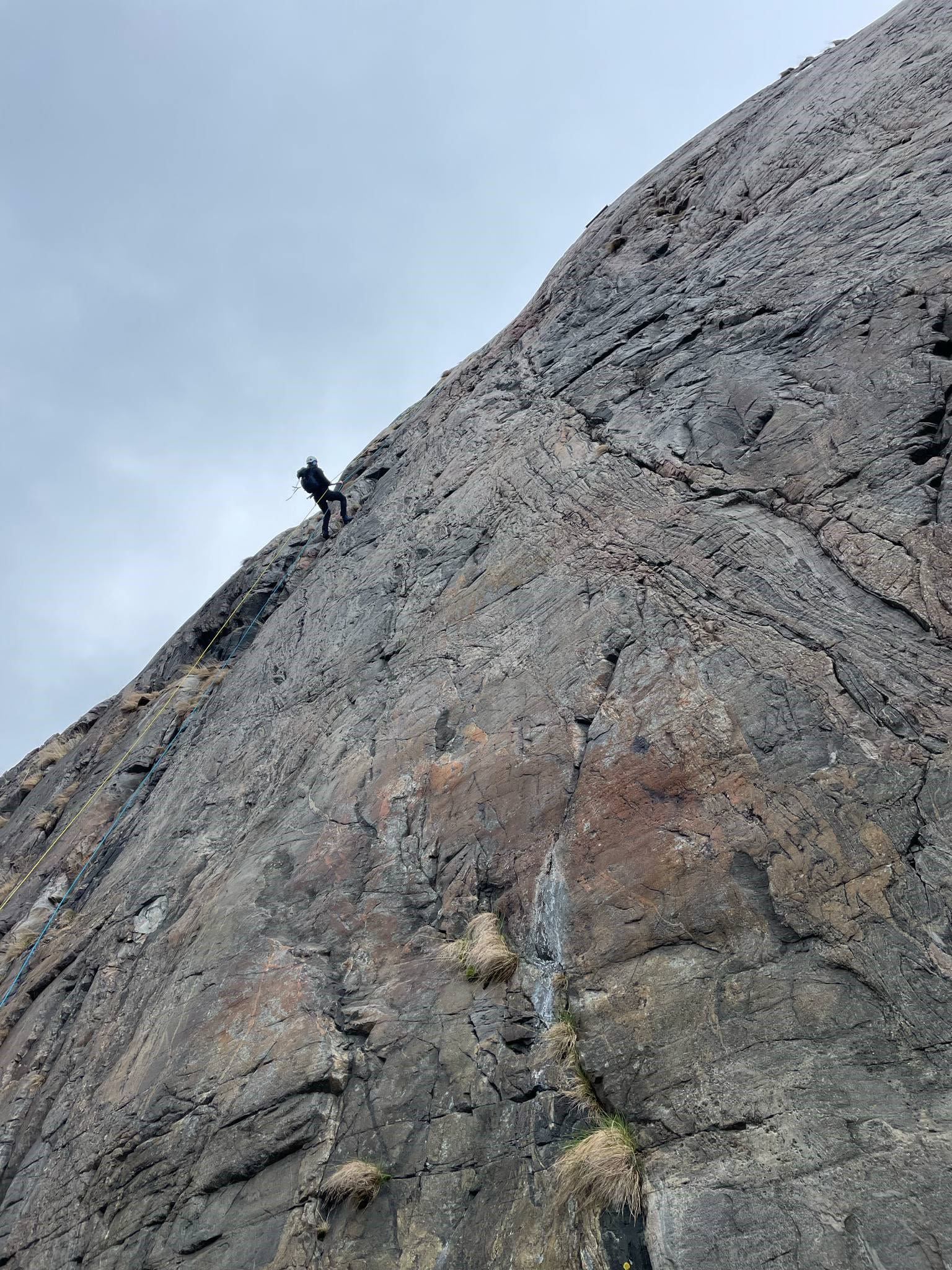 Participant descending a steep sea cliff during the Arctic Rappelling Route adventure in Northern Norway.