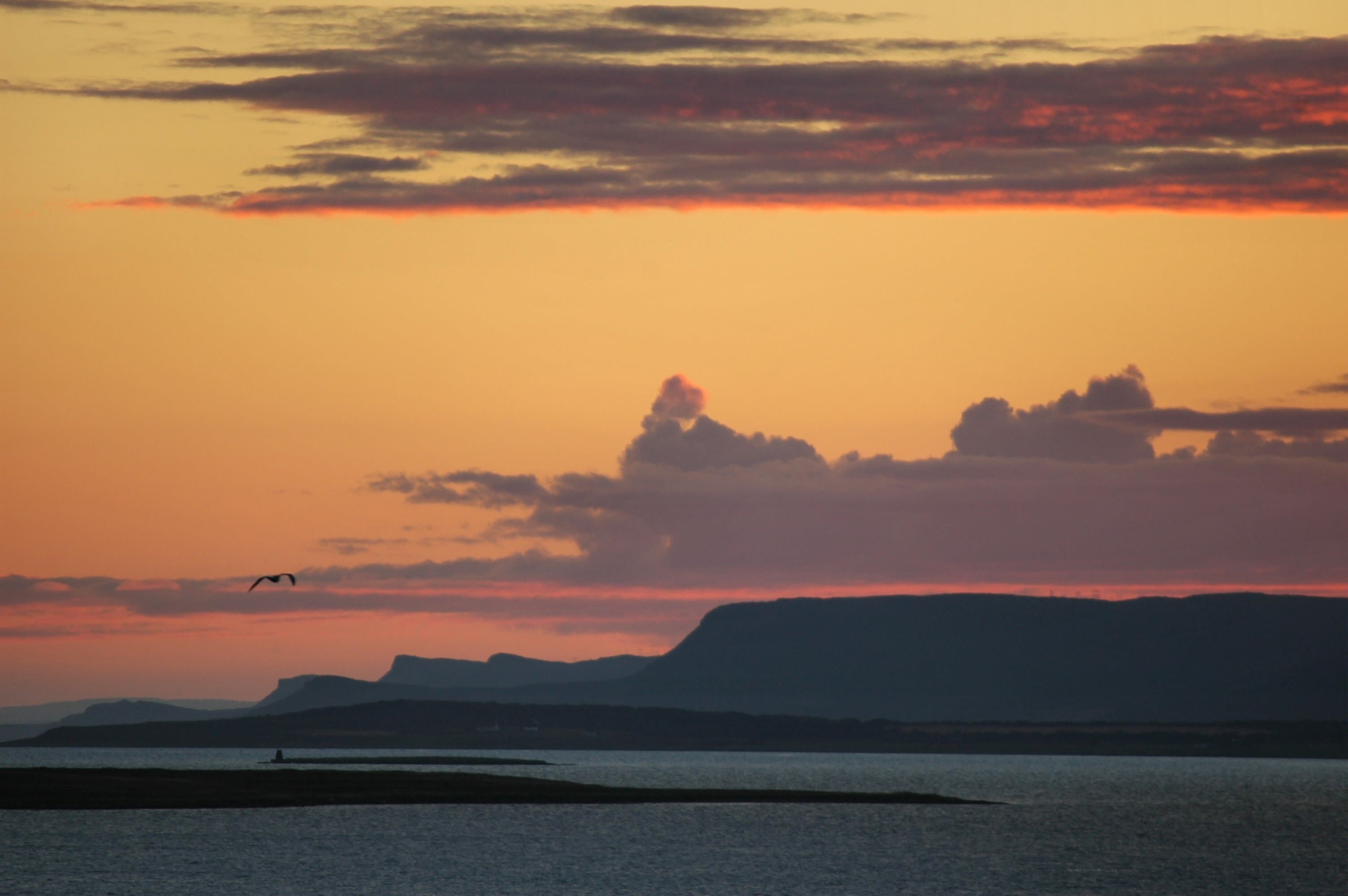 The Midnight Sun casts a golden glow over the calm waters and rugged coastline of Northern Norway during summer.