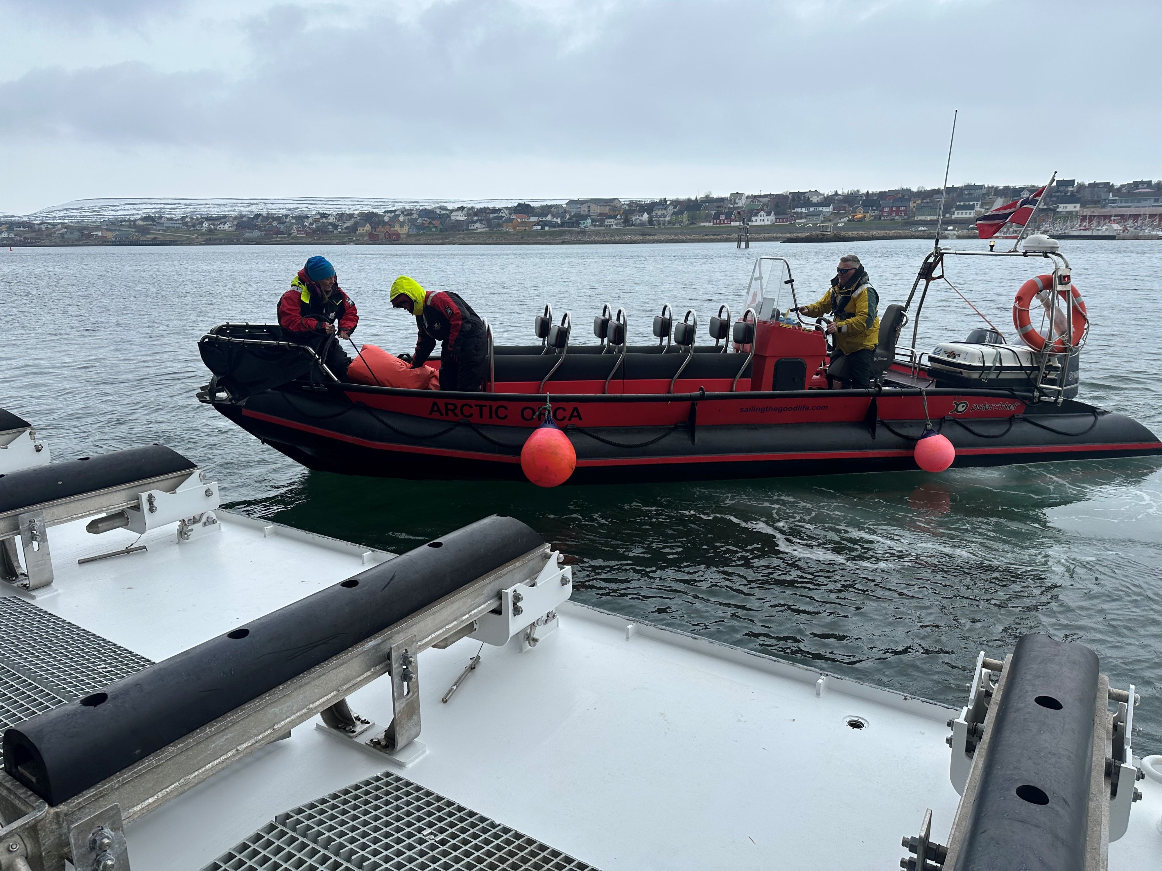RIB boat preparing to depart for the Arctic Rappelling Route adventure from Honningsvåg.