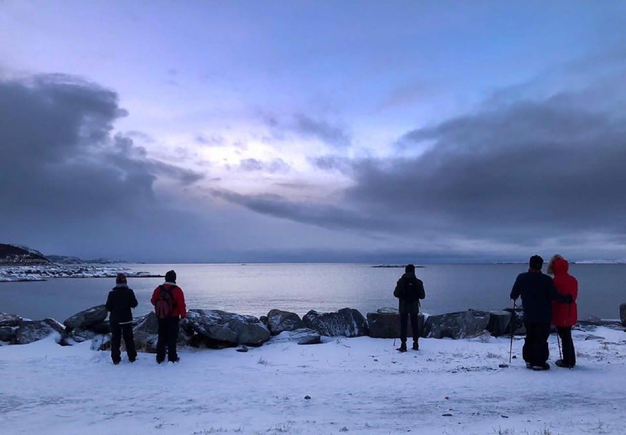 Gruppe på en arktisk kystvandring som ser ut over havet fra en snødekt strand i skumringen i Norge