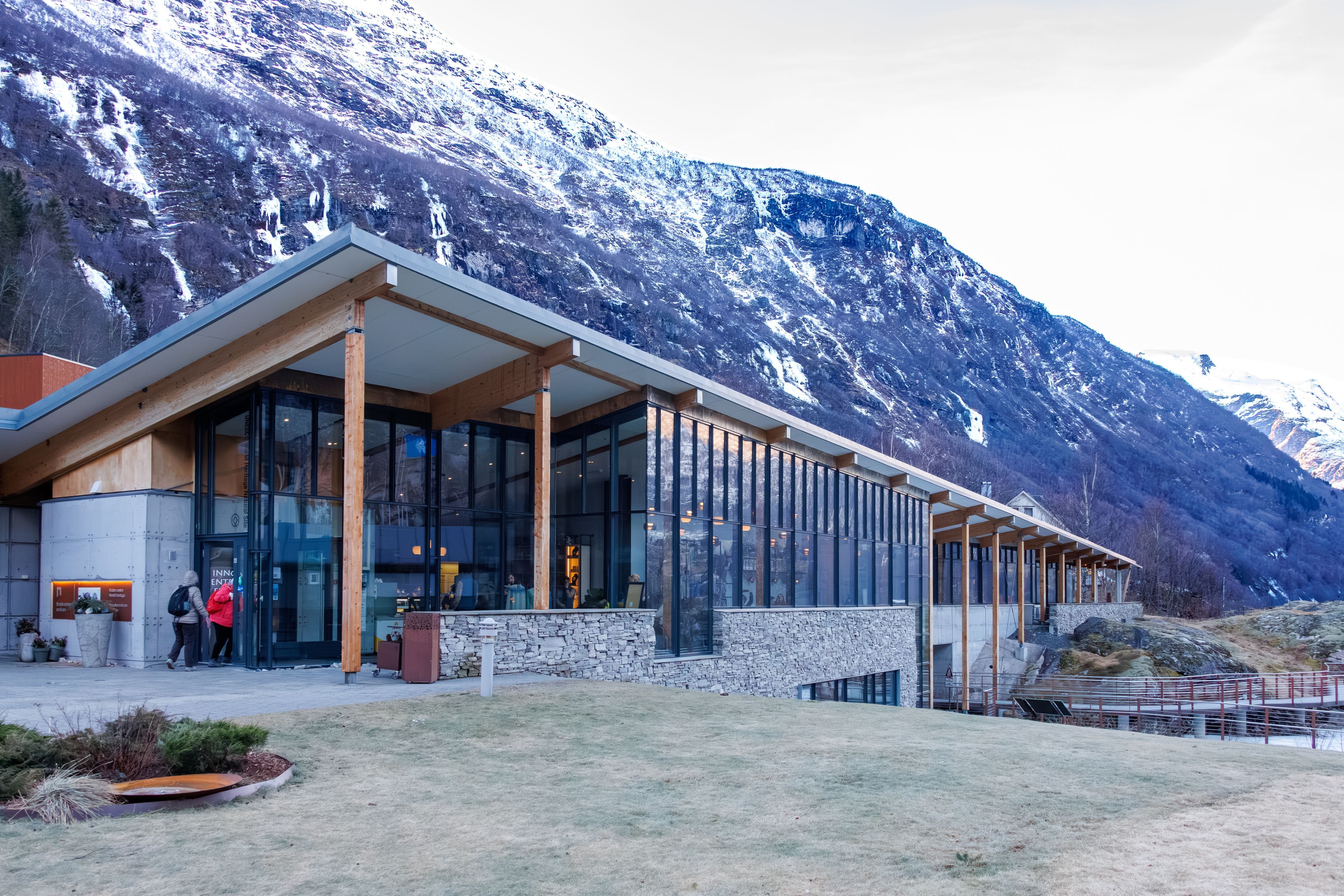Norwegian Fjord Centre, the World Heritage visitor center in Geiranger, with snowy mountains in winter