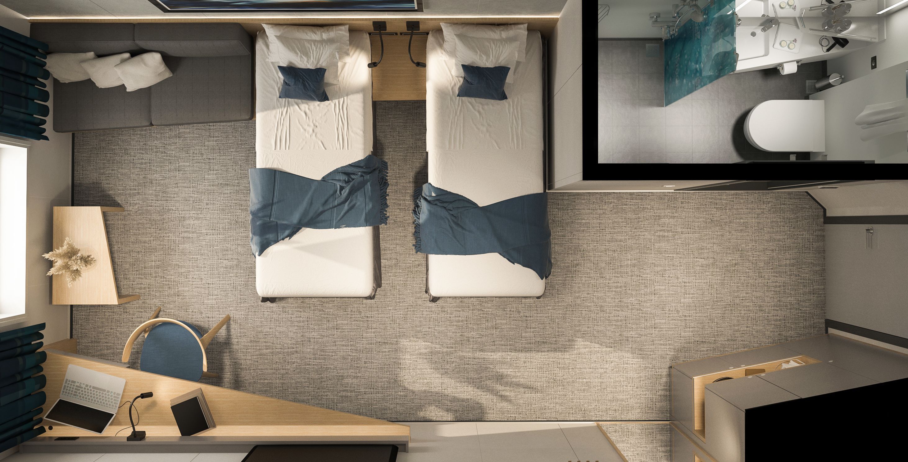 Grundriss einer Seaview Superior Twin-Kabine auf einem Kreuzfahrtschiff mit zwei Einzelbetten, Sitzecke, Schreibtisch, Kleiderschrank und barrierefreiem Badezimmerlayout.