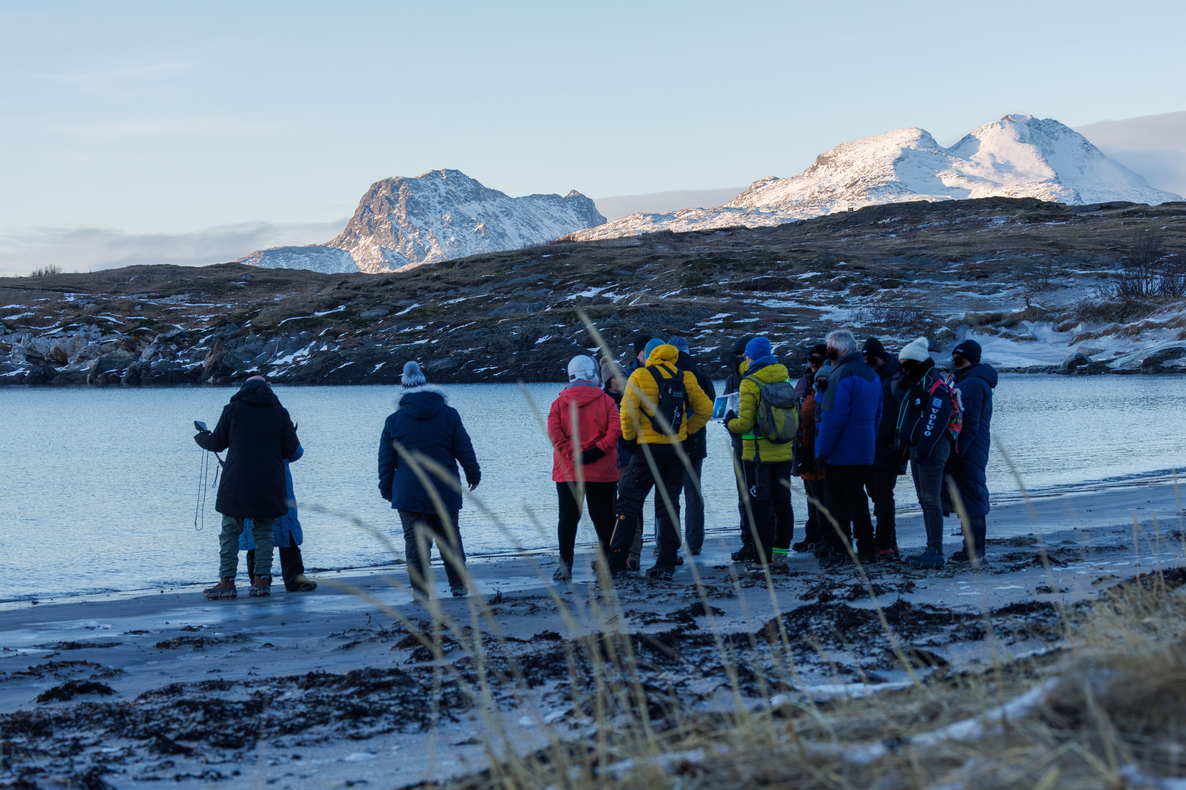 Turgruppe på arktisk kystvandring langs en strand med snødekte fjell om vinteren, Nord-Norge