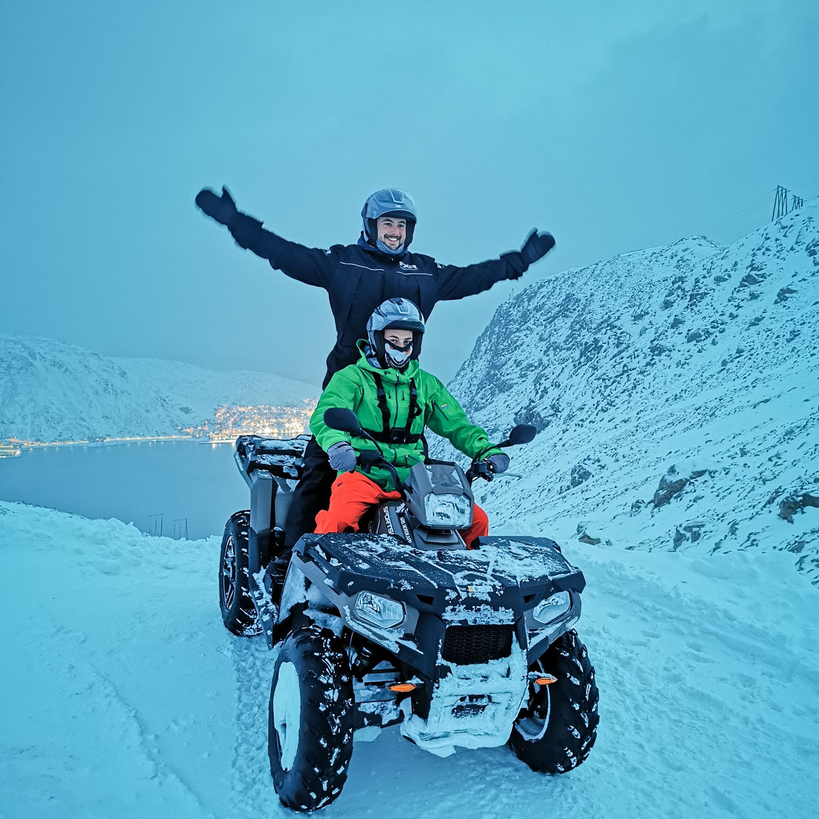 ATV Winter Safari on snowy Magerøya with views over Honningsvåg.