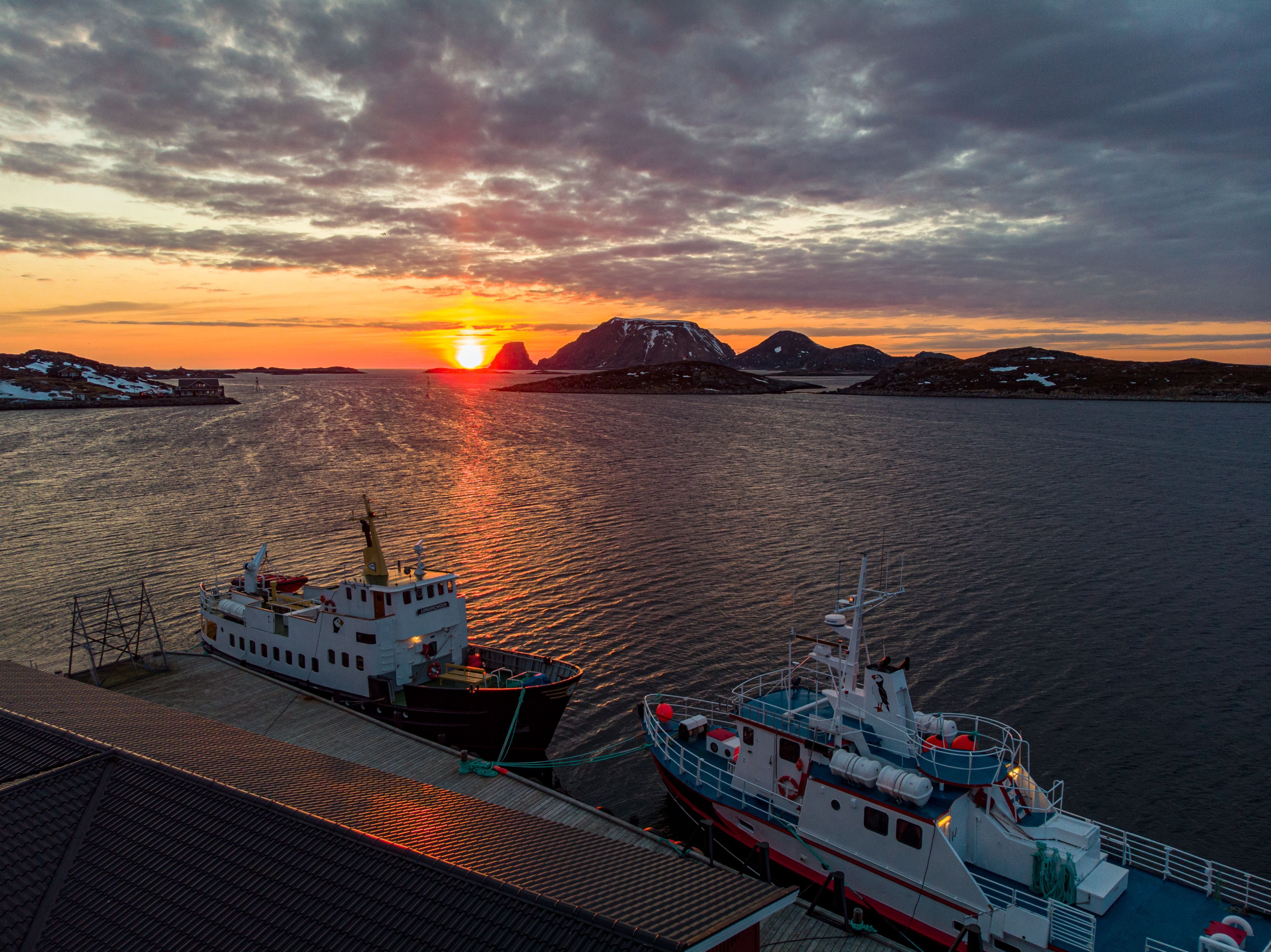 Solnedgang over den arktiske havnen i Honningsvåg etter en fugletitting-tur