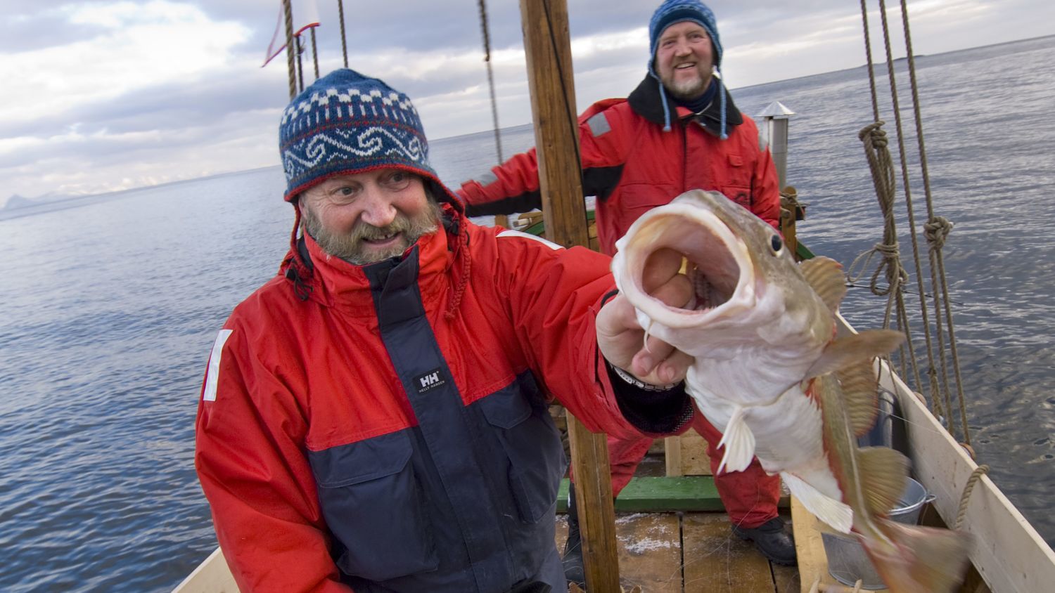 Zwei Fischer in leuchtend roter, wetterfester Kleidung an Bord eines traditionellen hölzernen Fischerbootes, die stolz einen frisch gefangenen Atlantikdorsch vor der Kulisse der ruhigen Norwegischen See in die Höhe halten