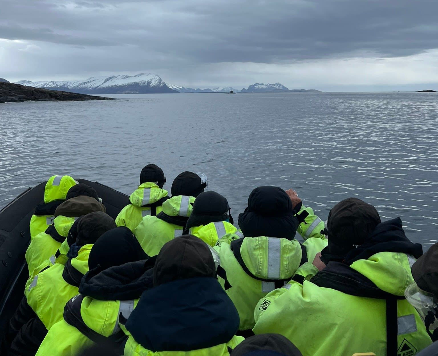 Guests in bright flotation suits travel by RIB boat across calm Arctic waters near Bodø, surrounded by snow-covered mountains, rugged coastline, and dramatic overcast skies.