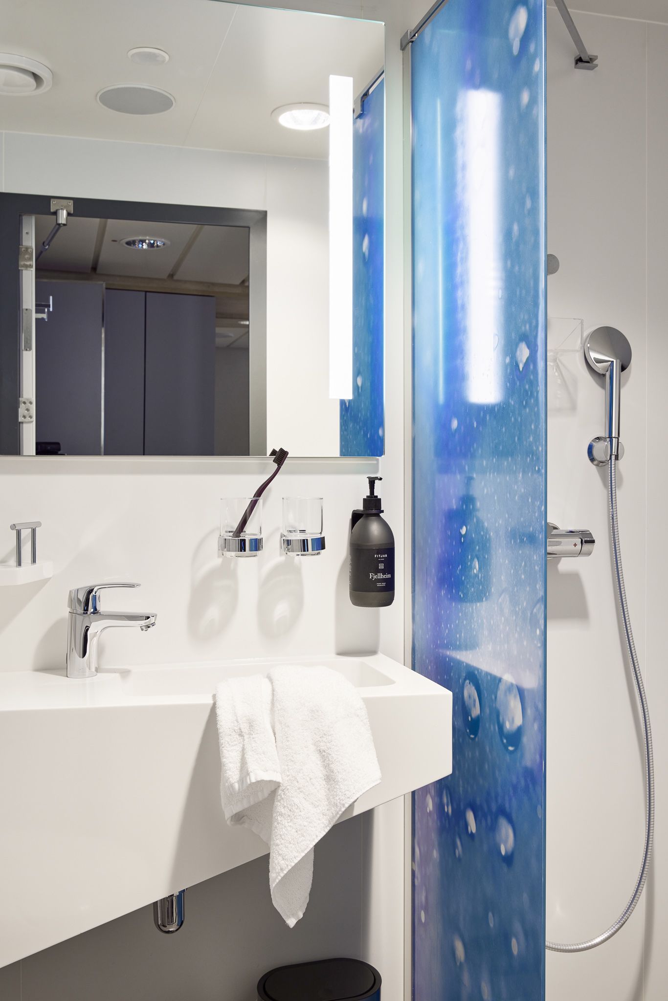 Modernes Superior-Zweibettkabinen-Badezimmer mit Meerblick auf einem Kreuzfahrtschiff, ausgestattet mit Dusche, Waschbecken, beleuchtetem Spiegel, Pflegeartikeln und frischen Handtüchern.