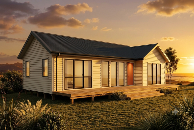 A completed two-bedroom granny flat with weatherboard cladding and a raised timber deck.