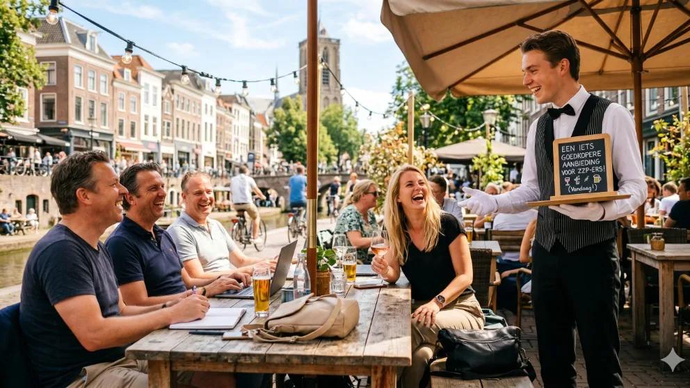 Freelancers op een terras aan de gracht — WijZijnJAMES AOV-beheer aanbieding voor zzp'ers