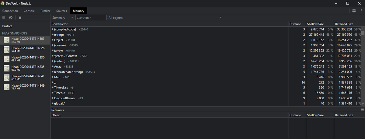 chrome devtools with several heaps loaded