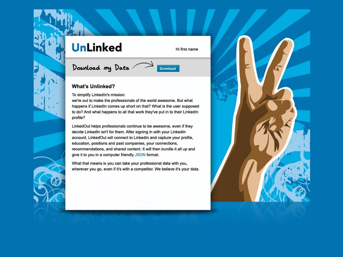 An image of the UnLinked project, showing an obvious like to download your data in an easy to use JSON format