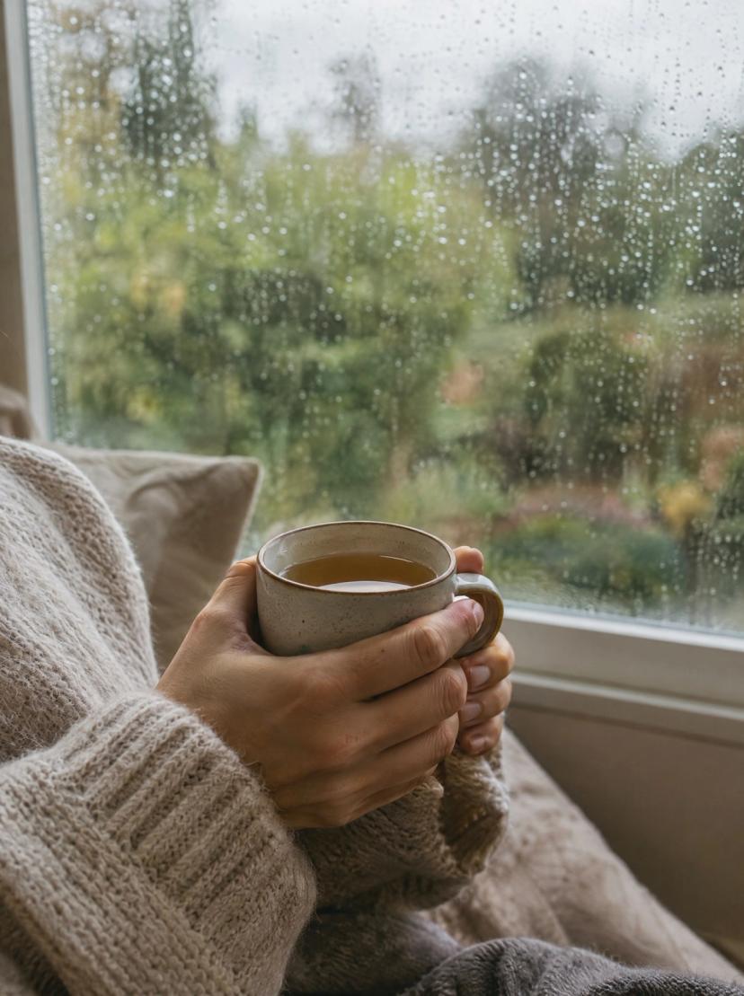 Manos alrededor de una taza de té junto a una ventana con lluvia