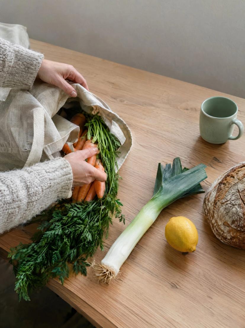 Vegetables unpacked from a shopping bag on a kitchen table