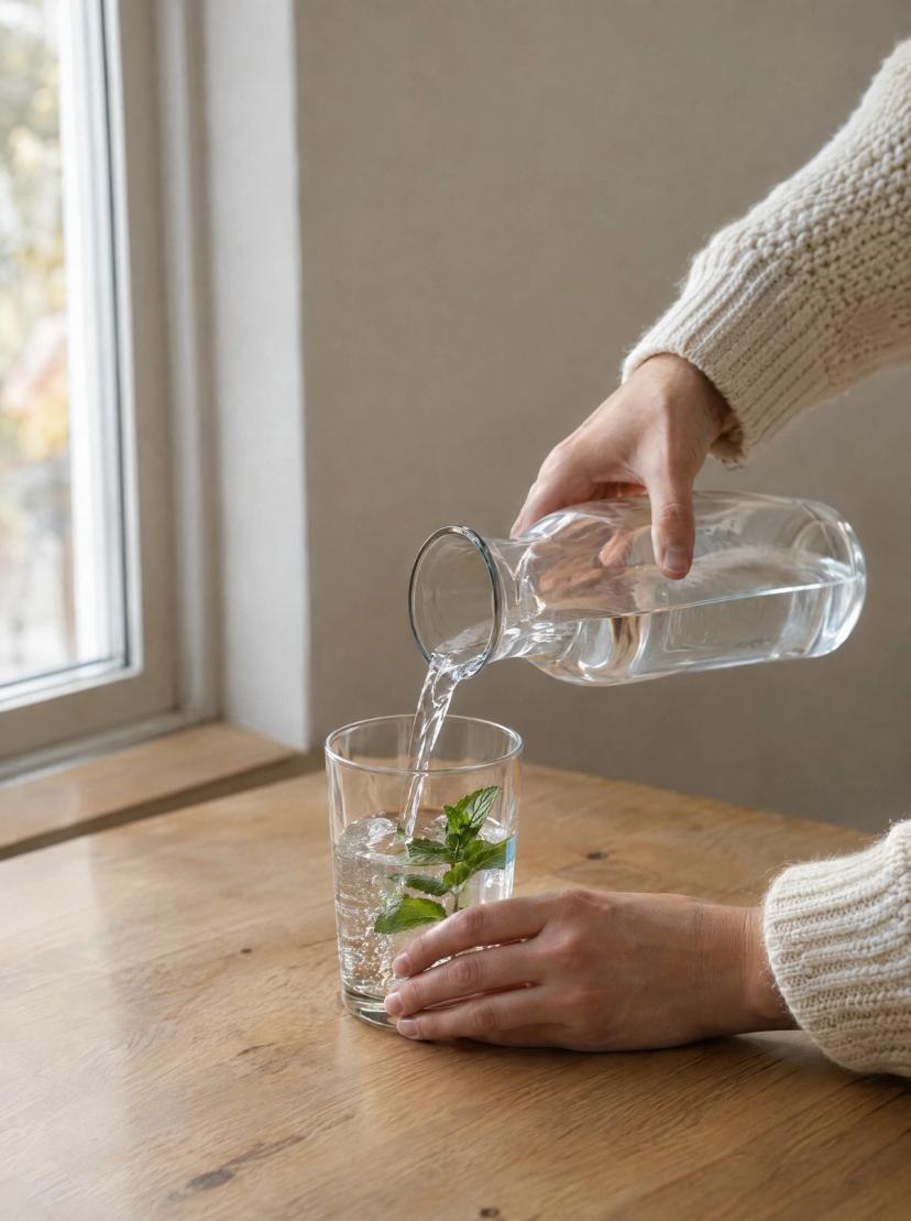 Agua que se sirve de una jarra en un vaso junto a la ventana