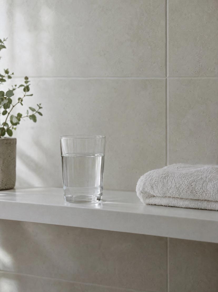 A glass of water and a folded towel on a white shelf against pale tiles