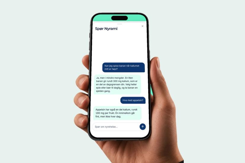 A hand holding a phone showing Ask Nyrami, where someone asks whether they can eat a banana when their potassium is high