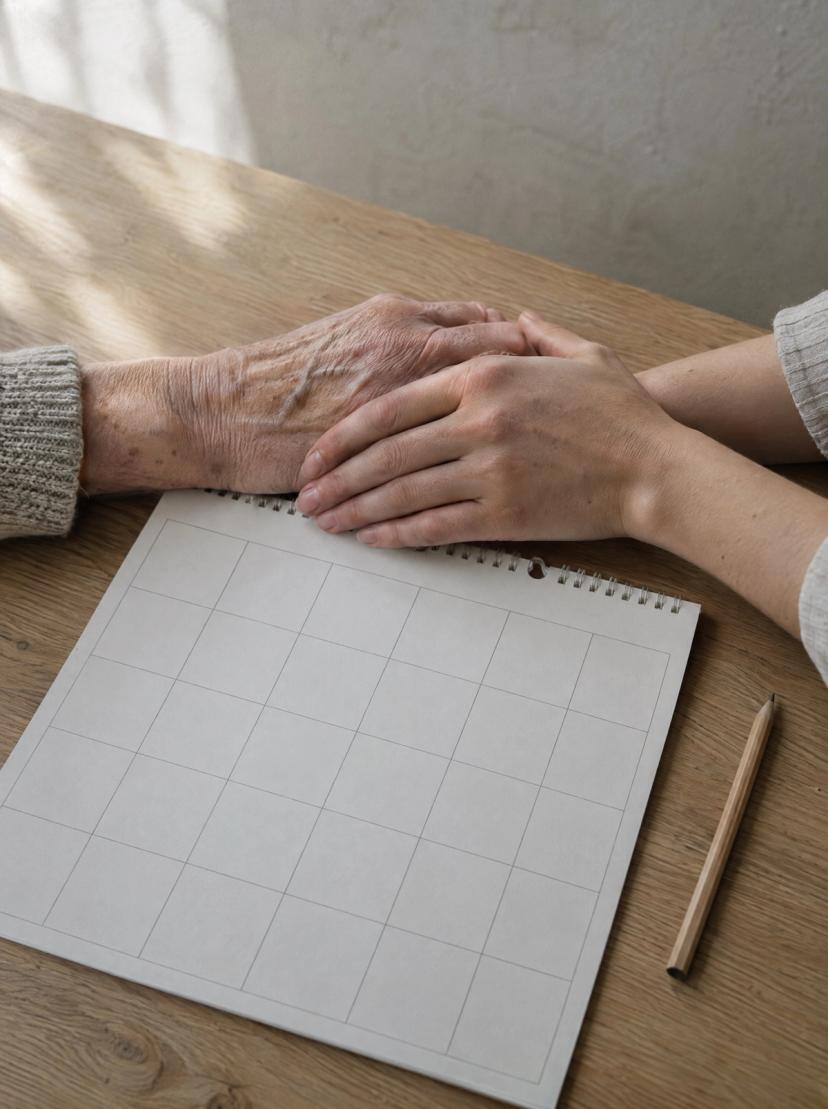 Una mano mayor y una más joven descansan juntas sobre un calendario en blanco en una mesa de roble