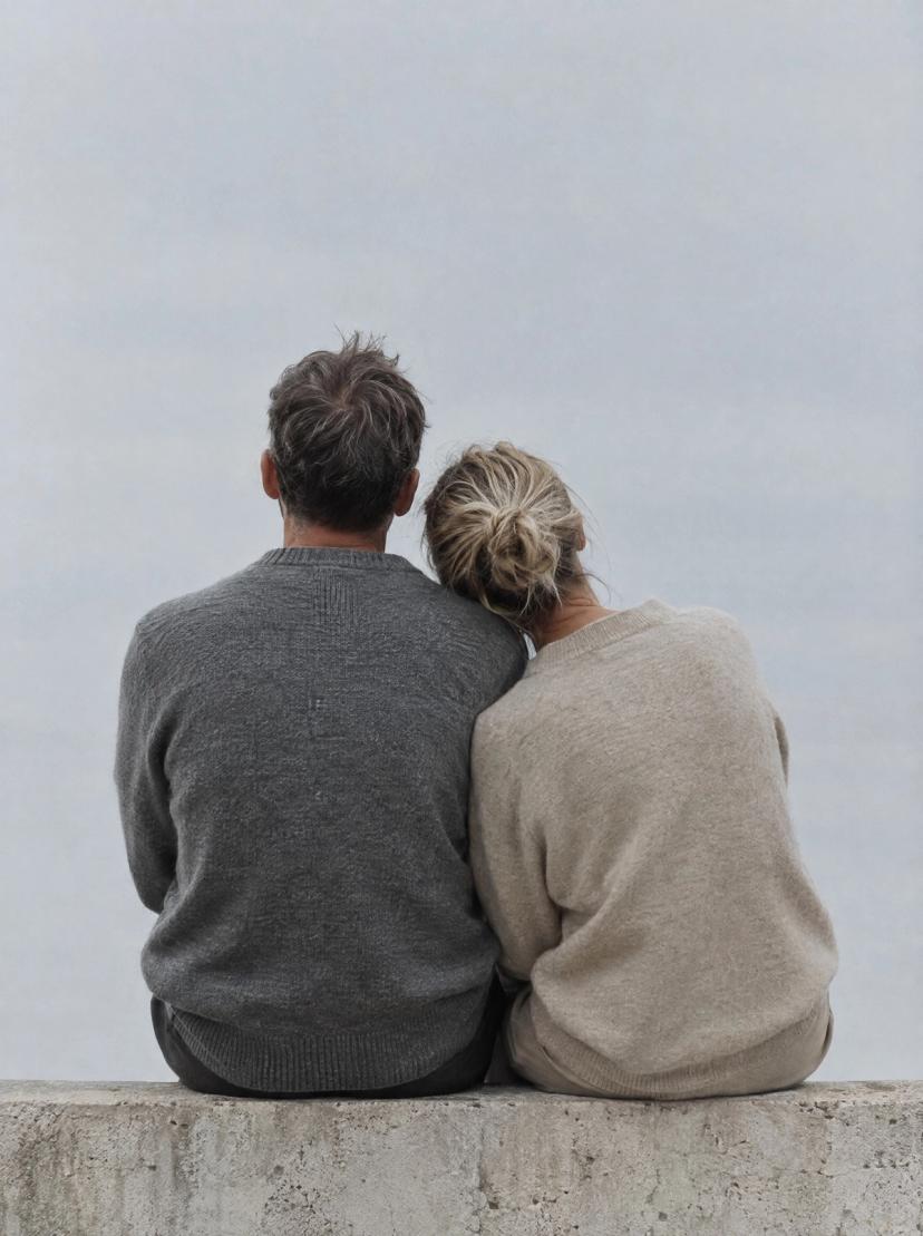 Two people sitting close together on a wall, seen from behind