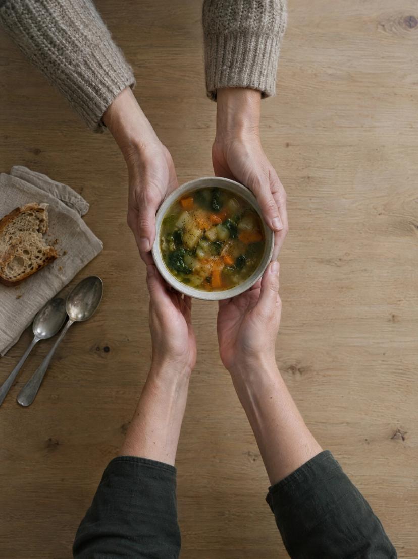 Hender som rekker en bolle grønnsakssuppe over et bord