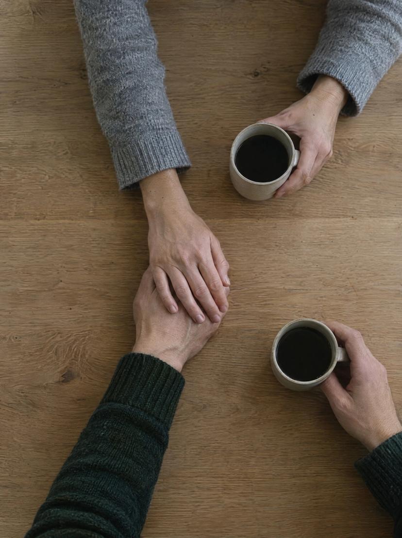 Dos personas con una taza de café cada una; una apoya la mano sobre la de la otra, vistas desde arriba