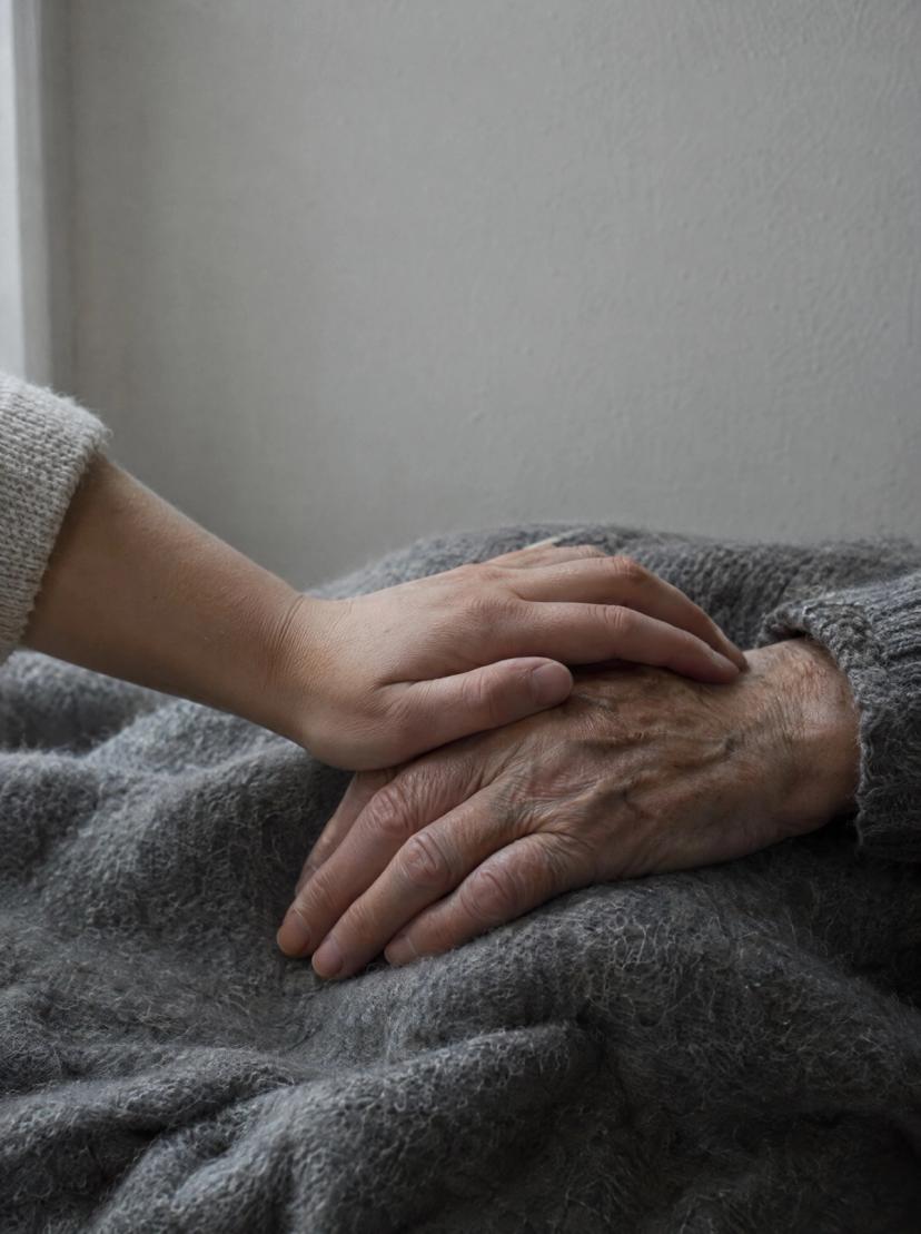 A younger hand laid gently over an older hand on a grey wool blanket