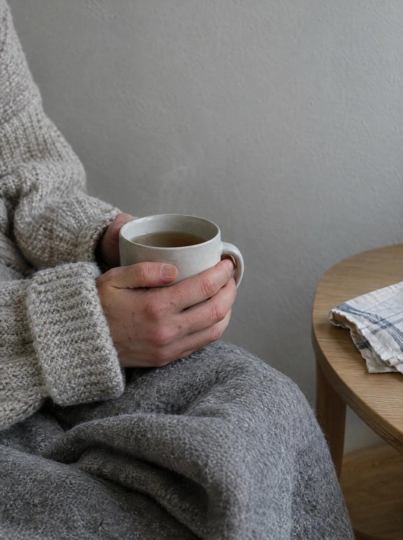 Manos alrededor de una taza de té caliente, con una manta gris sobre el regazo