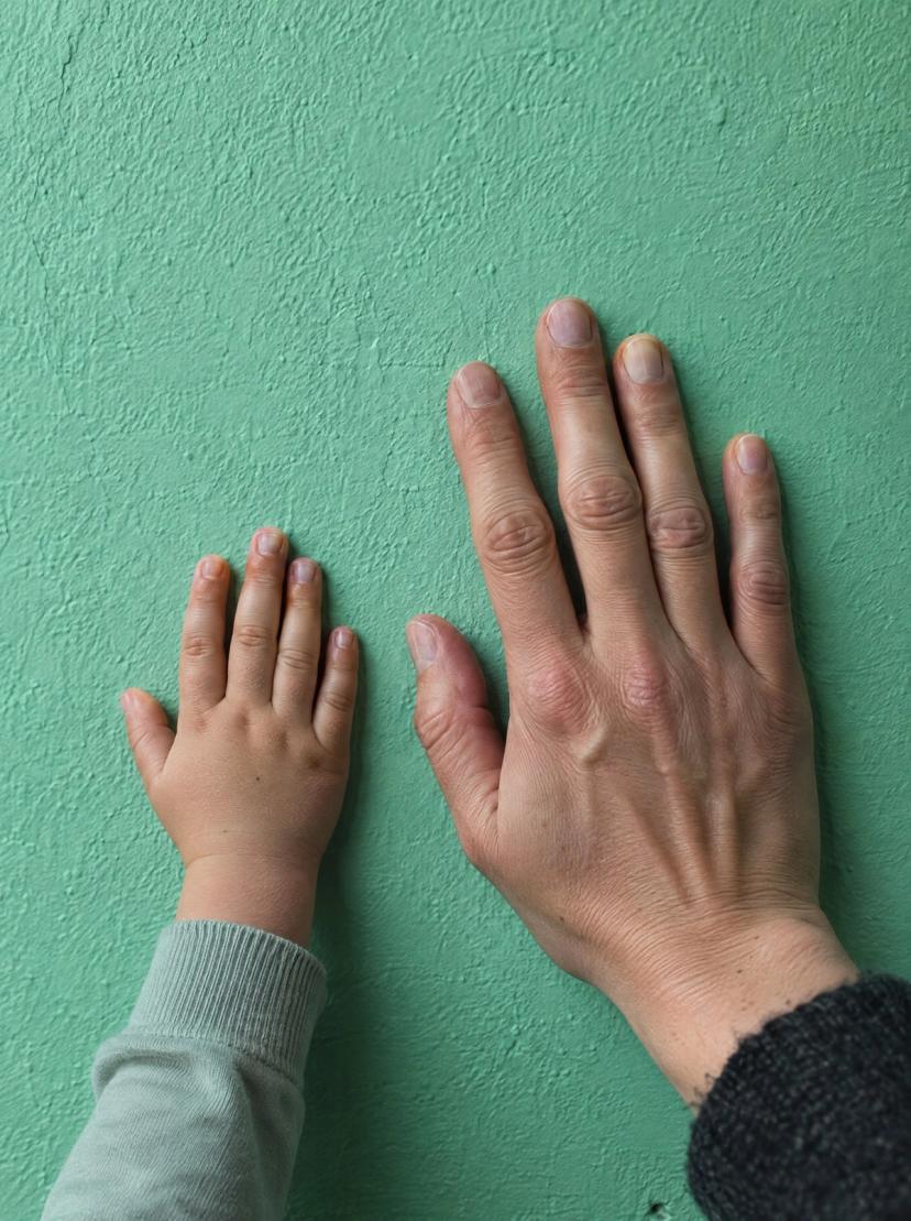 La mano de un adulto y la de un niño sobre una pared verde