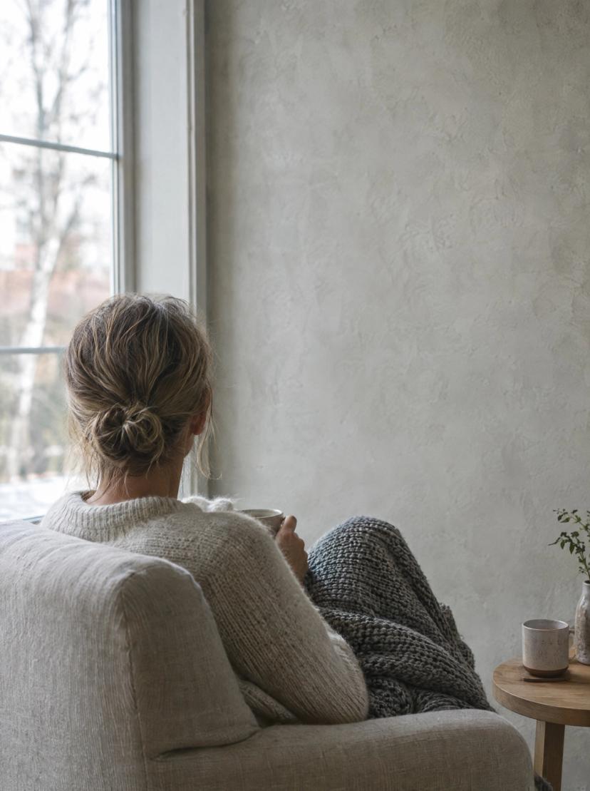A person sitting in an armchair by a large window with a blanket over their knees and a cup of tea, seen from behind