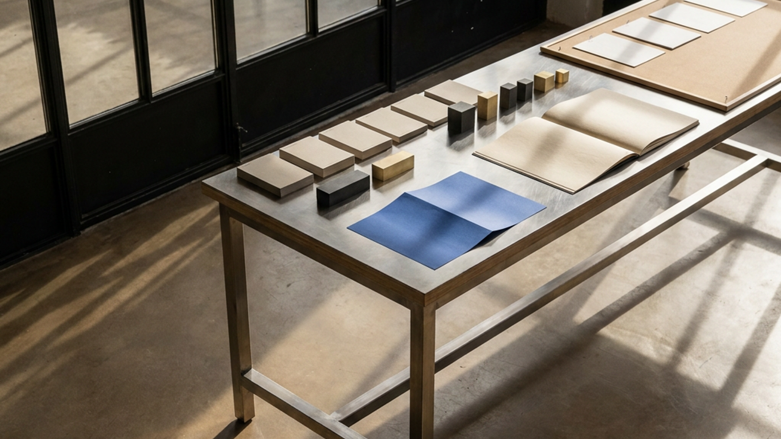 Planning cards, material samples, and a cobalt folio arranged on a sunlit studio workbench.