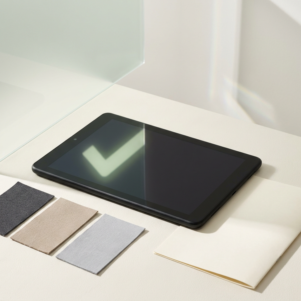 A tablet displaying a check mark beside paper and material swatches.