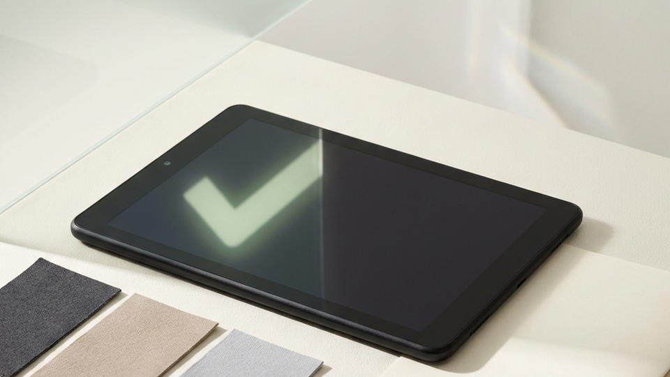 A tablet displaying a check mark beside paper and material swatches.