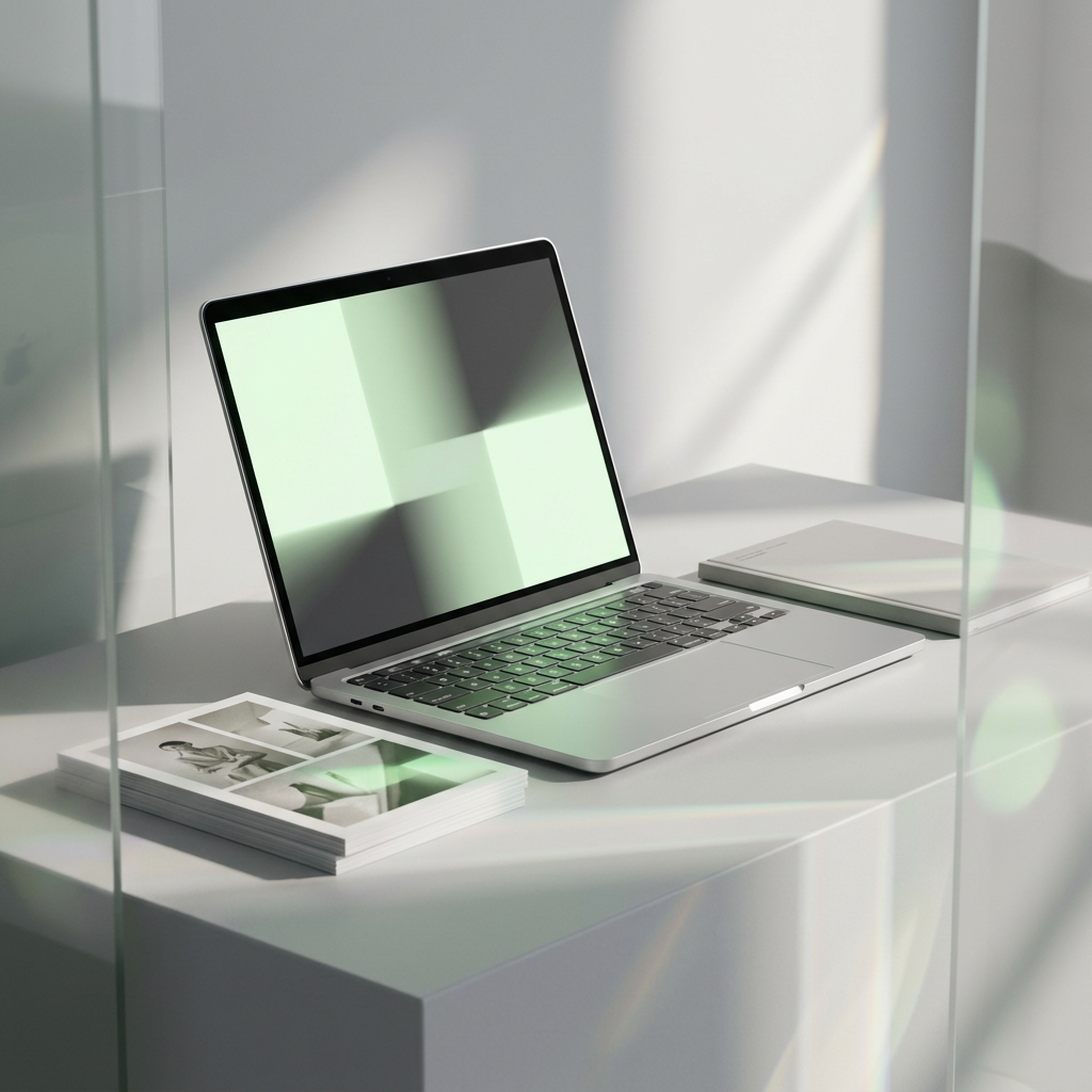 A laptop with abstract green shapes on its screen beside printed materials.