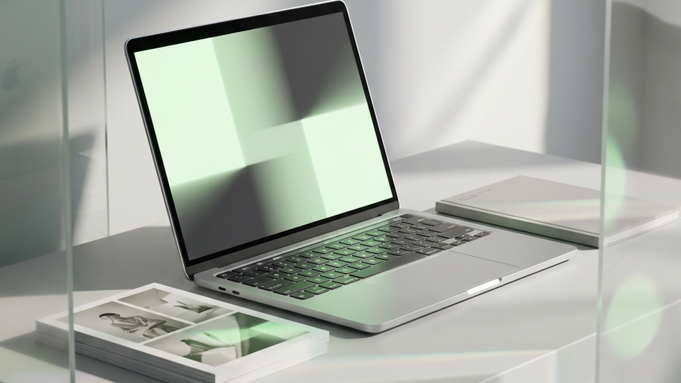 A laptop with abstract green shapes on its screen beside printed materials.