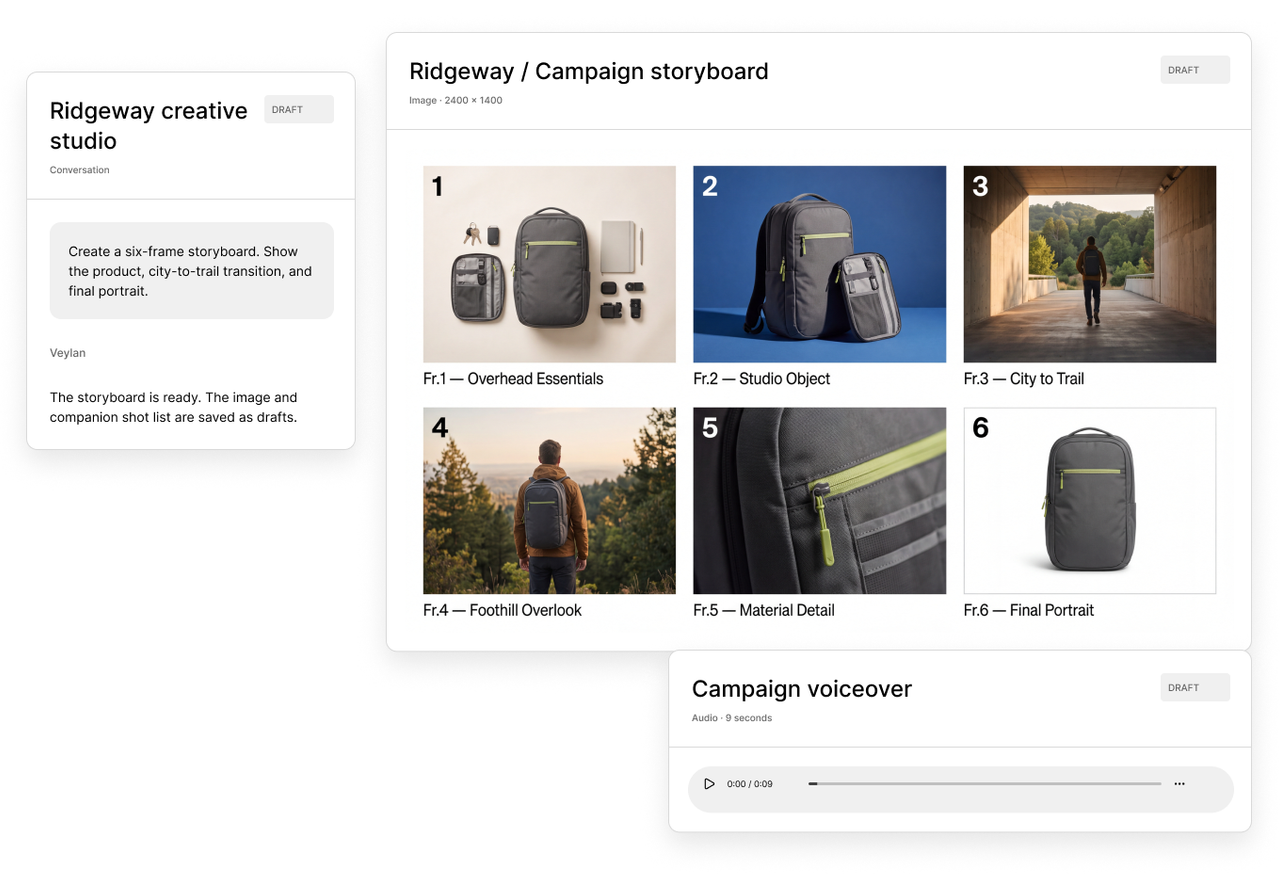Creative conversation beside a six-frame storyboard and campaign voiceover.