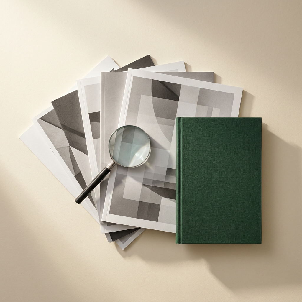 A magnifying glass and green notebook beside abstract research sheets.