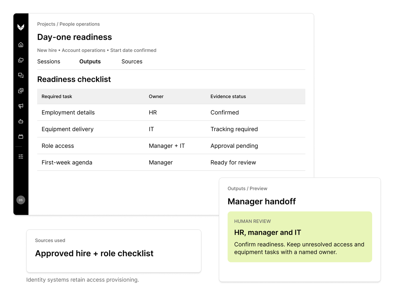 Veylan shared workspace showing employee readiness, a handoff preview, and source context.