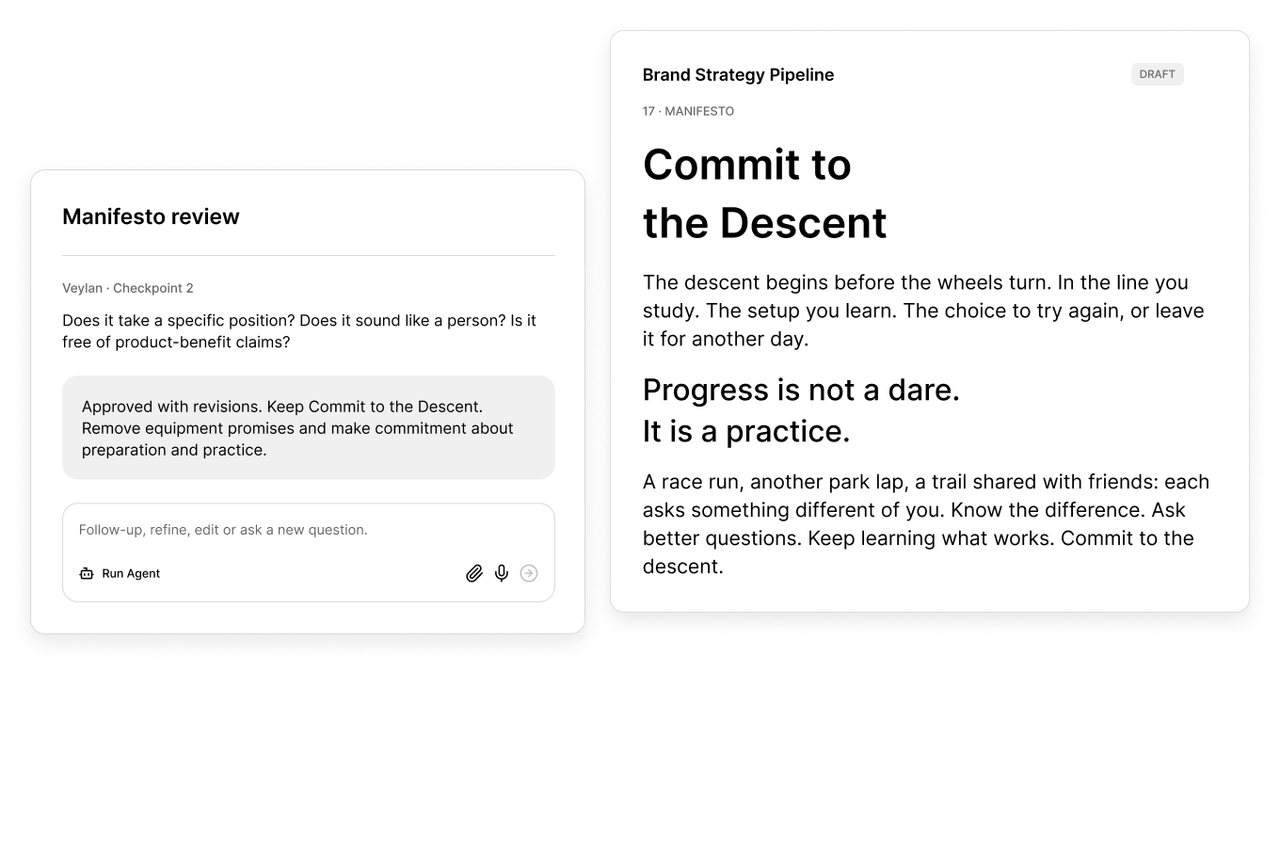 Riftline manifesto draft beside its review checkpoint and requested revisions.
