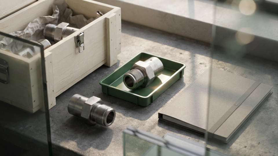 Delivered metal fittings, a shipment crate, and a document folder arranged for inspection.