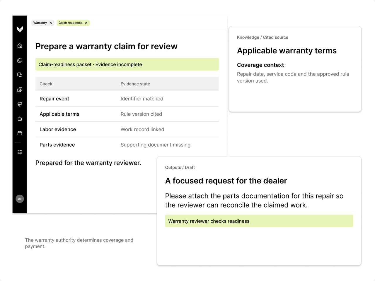 Veylan warranty readiness packet with cited warranty context and a request for missing evidence.